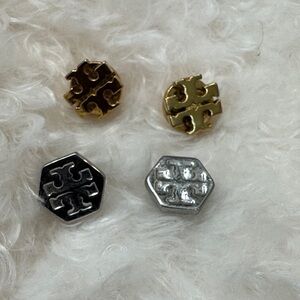 Tory Burch Gold and Silver Logo Earrings 2 pair